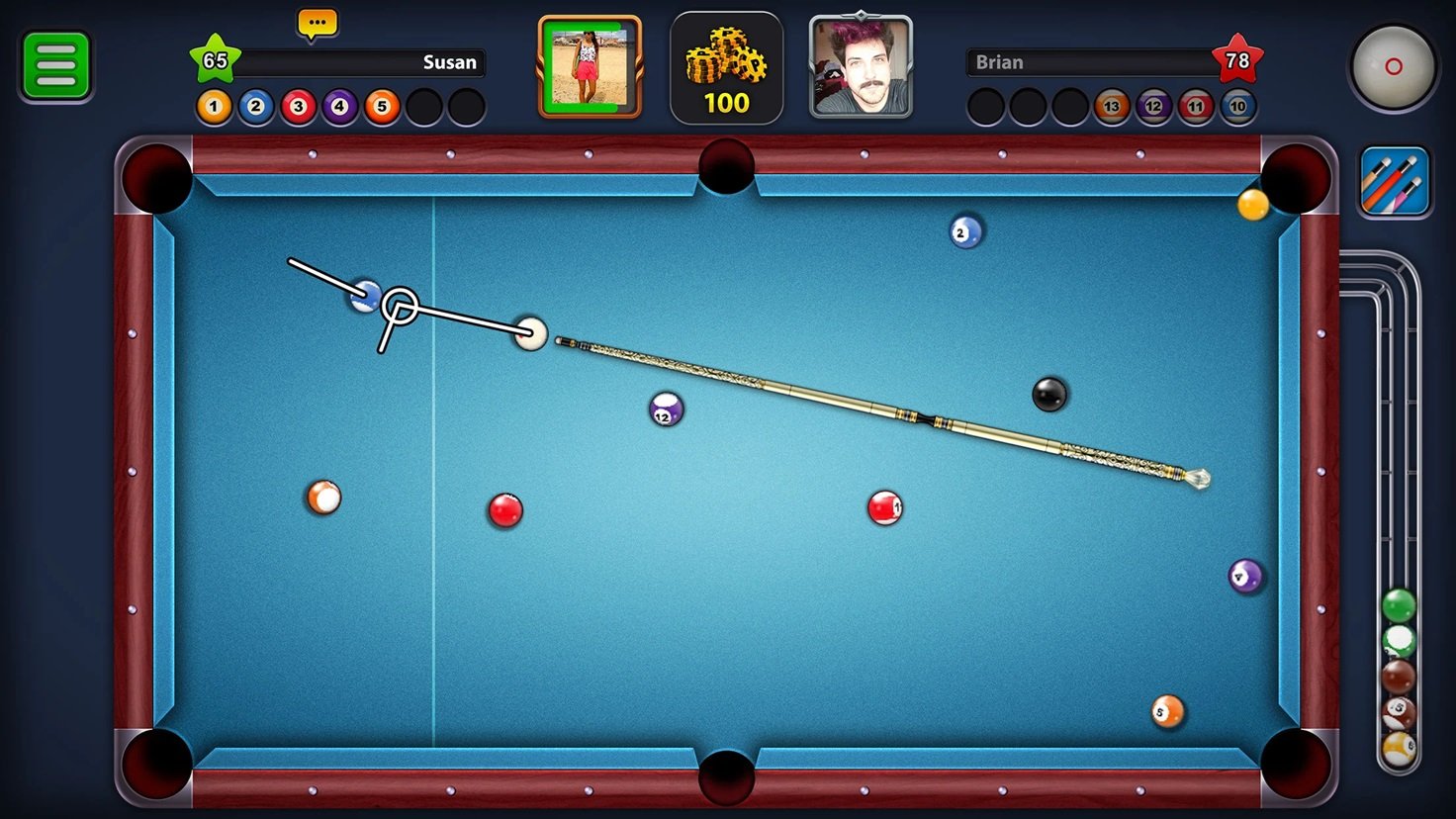 Realistic pool table showing multiplayer match in 8 Ball Pool