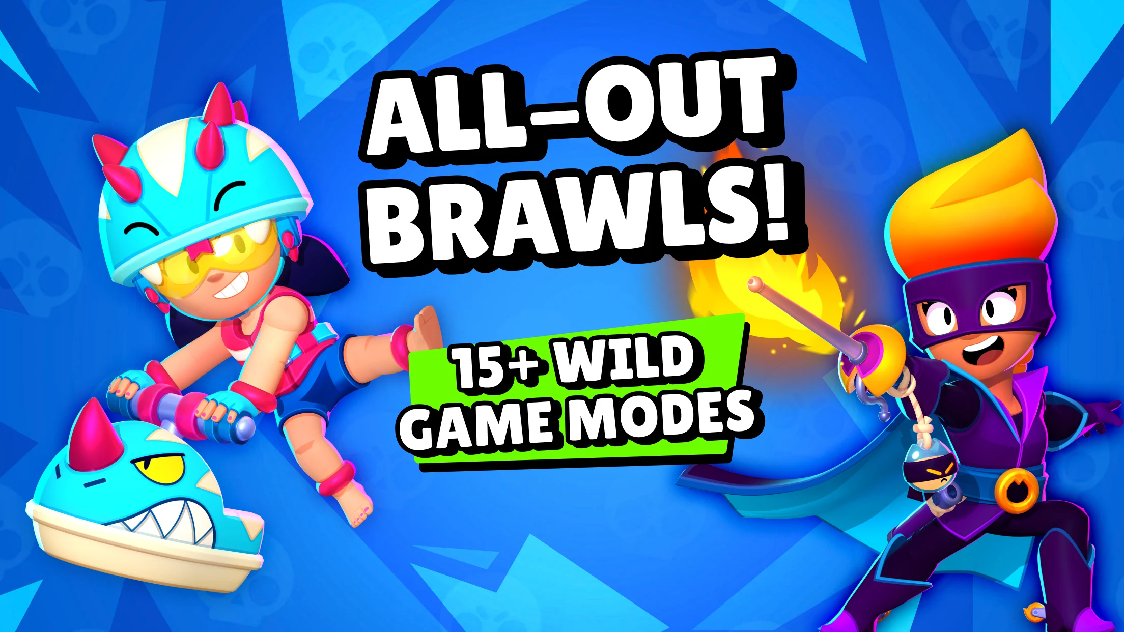 Colorful characters fighting in a Brawl Stars 3v3 battle