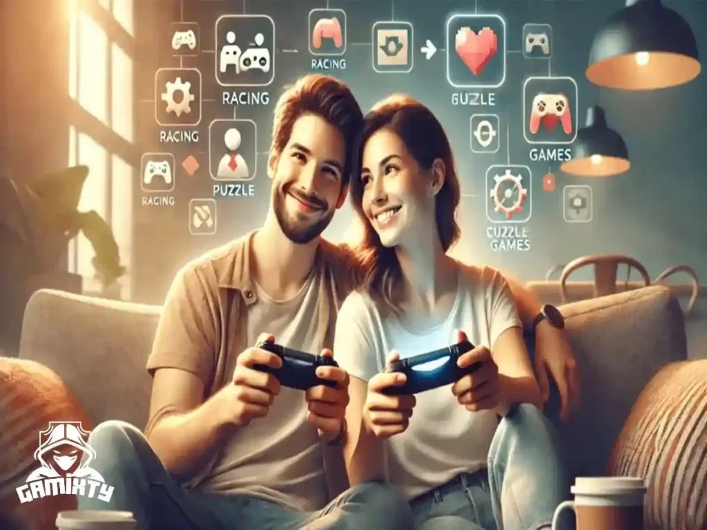 A happy couple sitting together on a couch playing 2 player mobile games for couples on their smartphones, curated by Gamixty.
