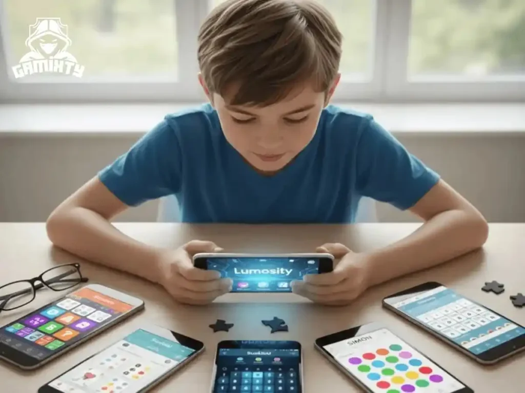 A young boy using a smartphone to play the best brain games like Lumosity and logic puzzles at a desk, featured on Gamixty.