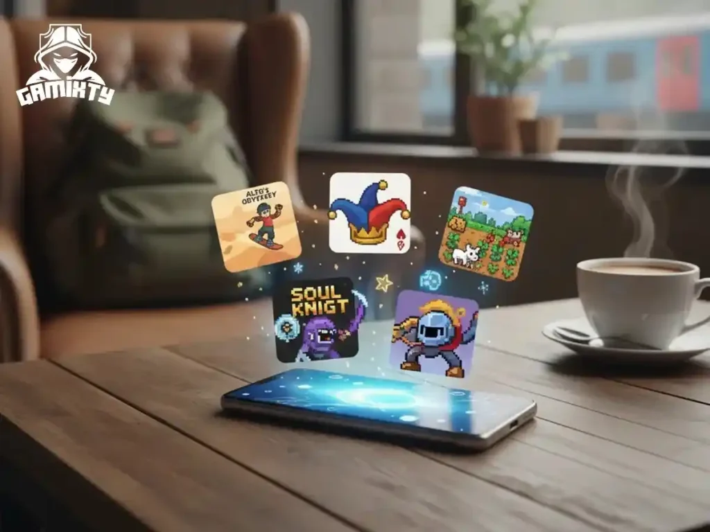 A mobile gamer playing top-rated offline mobile games on a smartphone without Wi-Fi connection, featured on Gamixty.