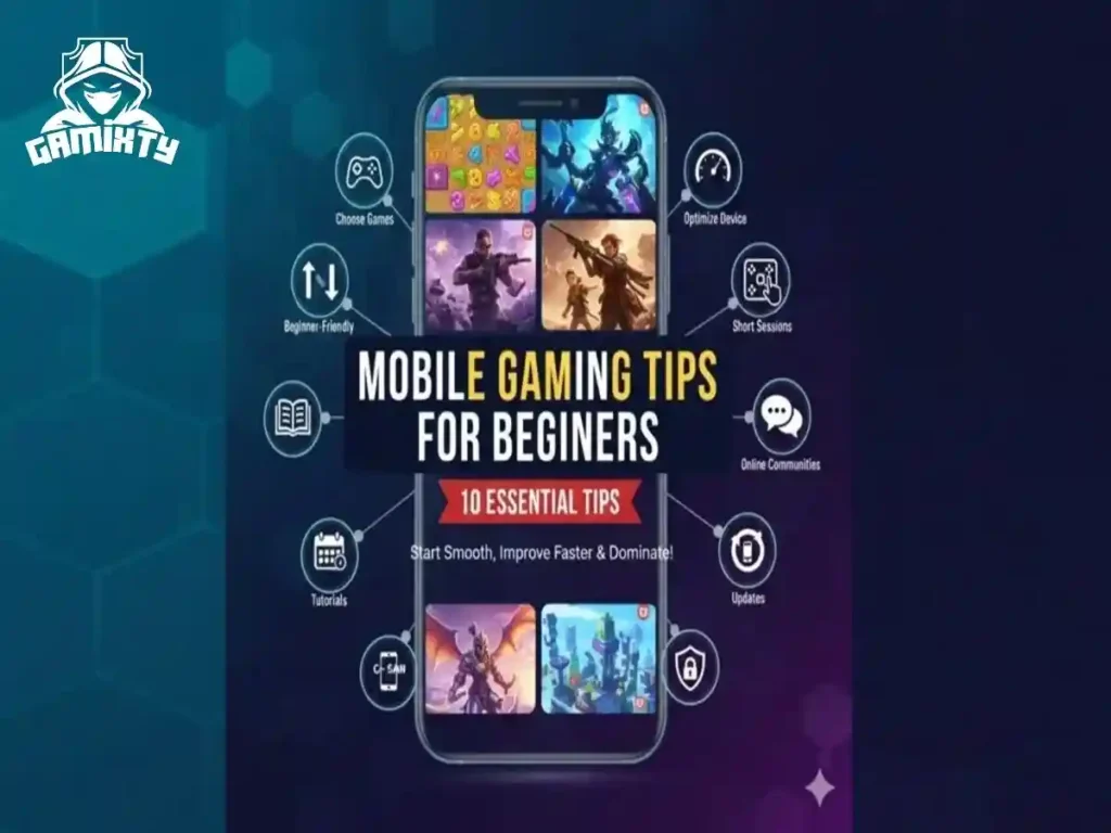 An infographic displaying 10 essential mobile gaming tips for beginners on a smartphone screen, presented by Gamixty.