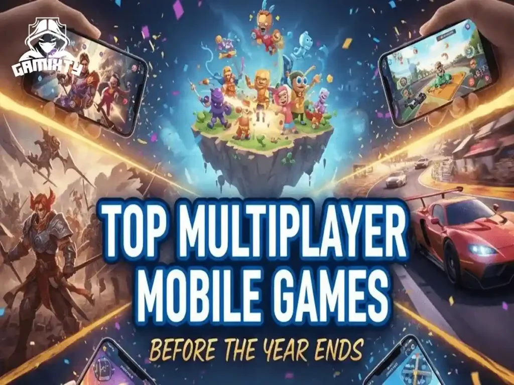 A vibrant collage of top multiplayer mobile gaming characters, racing cars, and gameplay screens on Gamixty.