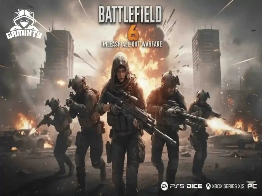 A squad of tactical soldiers advancing through urban ruins with massive explosions in Battlefield 6, featured on Gamixty.