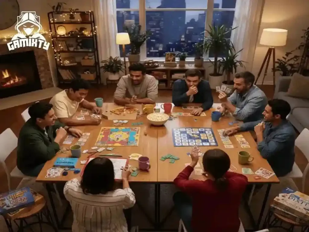 An infographic showing the best board games for 8 players including Codenames, Catan, and Monopoly, presented by Gamixty.