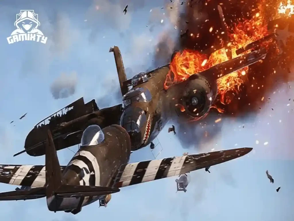 Intense aerial combat gameplay from flying games on Xbox featuring a vintage military aircraft in a mid-air explosion, by Gamixty.