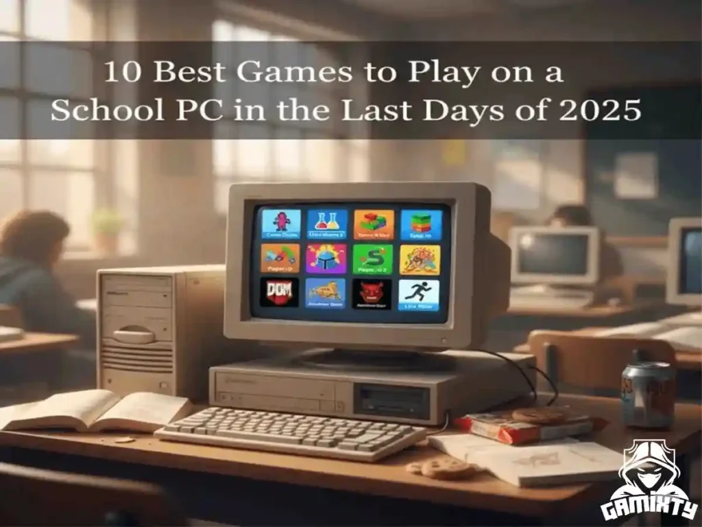 A student playing popular unblocked games on a school PC in a classroom, featured on Gamixty.com.