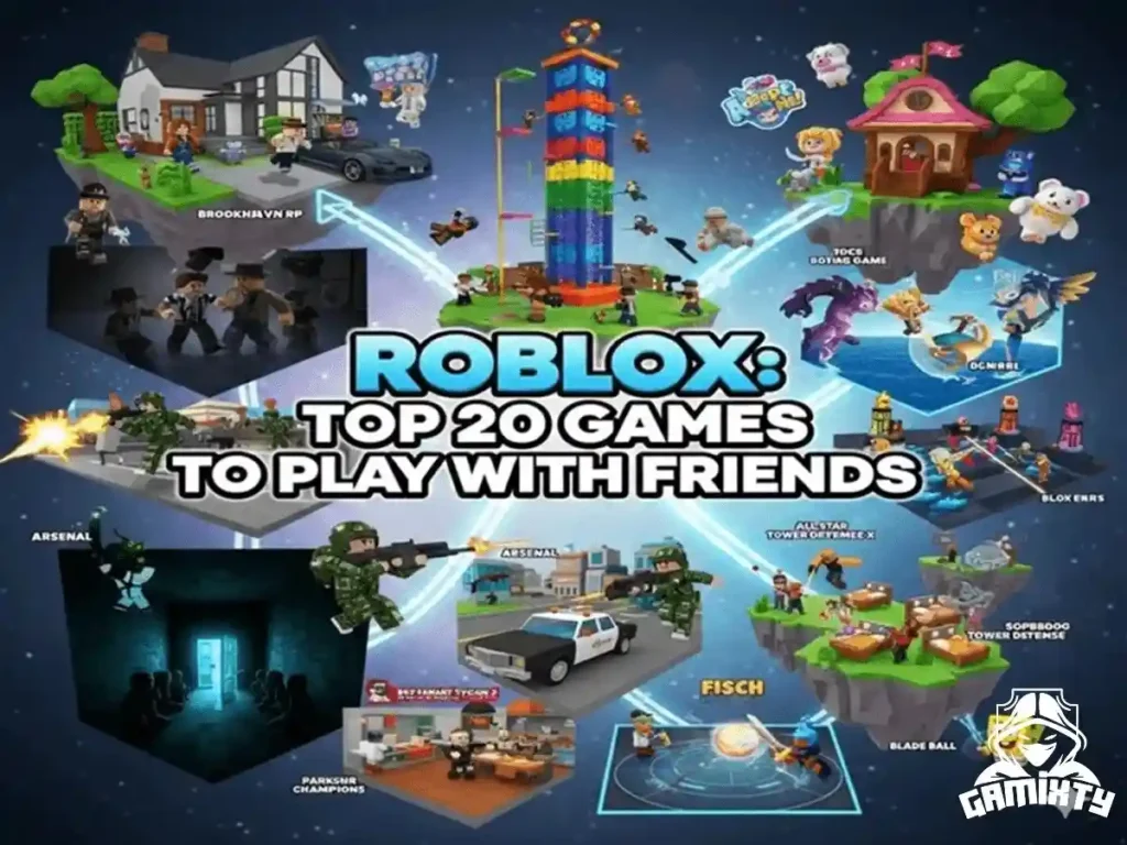 An infographic showing the best games to play with friends on Roblox, including Adopt Me, Brookhaven, and Tower of Hell, by Gamixty.