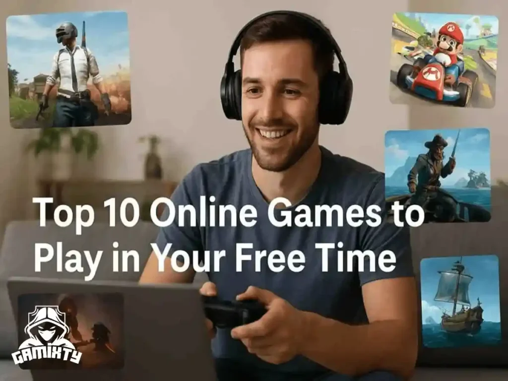 A gamer wearing headphones playing online games on a laptop with floating thumbnails of PUBG, Mario Kart, and Sea of Thieves on Gamixty.