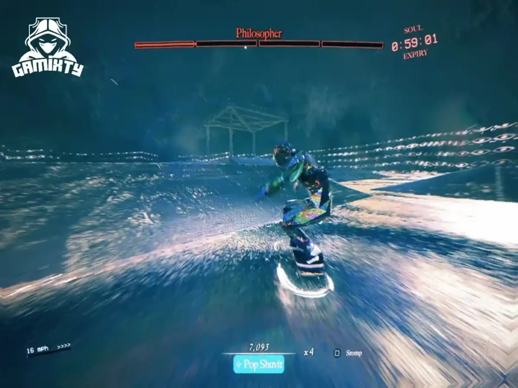 A surreal gameplay screenshot of the artistic game Skate Story featuring a glass character skating in a dark world, via Gamixty.